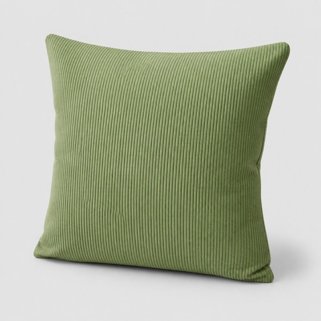 Housse de coussin 50x50 en velours côtelé vert sauge sur fond gris clair