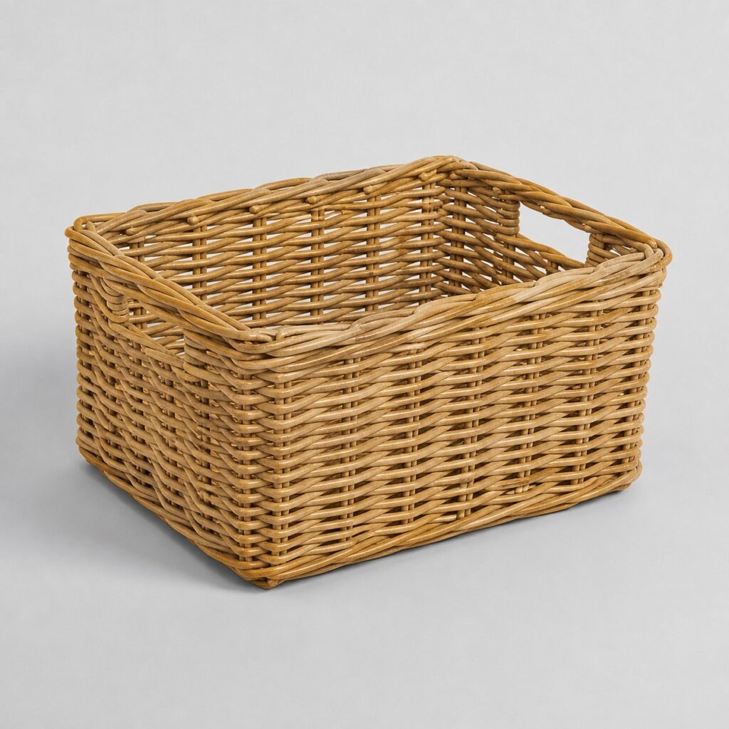 Panier de rangement rectangulaire en osier naturel sur fond gris clair