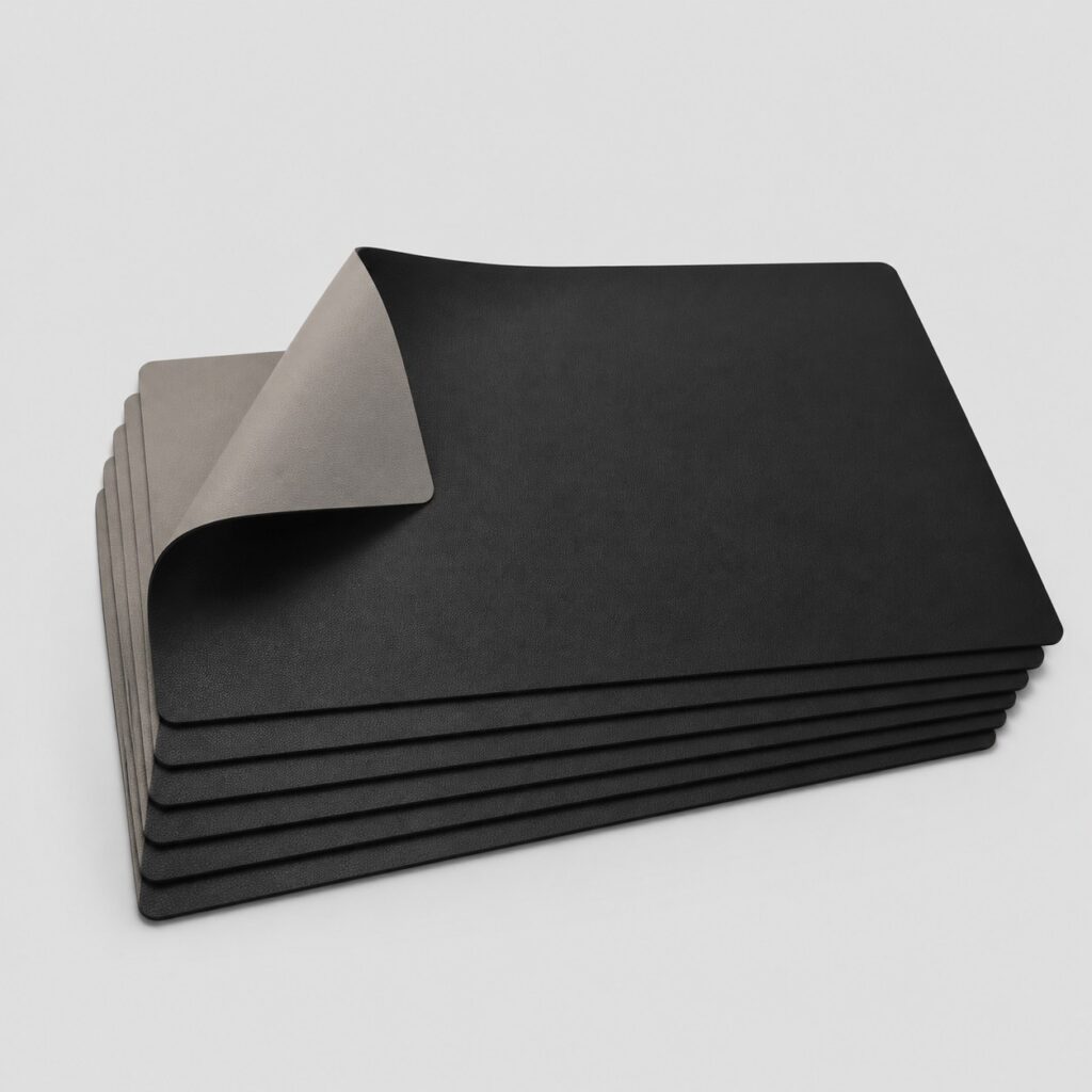 Six sets de table en cuir polyuréthane noir sur fond gris clair
