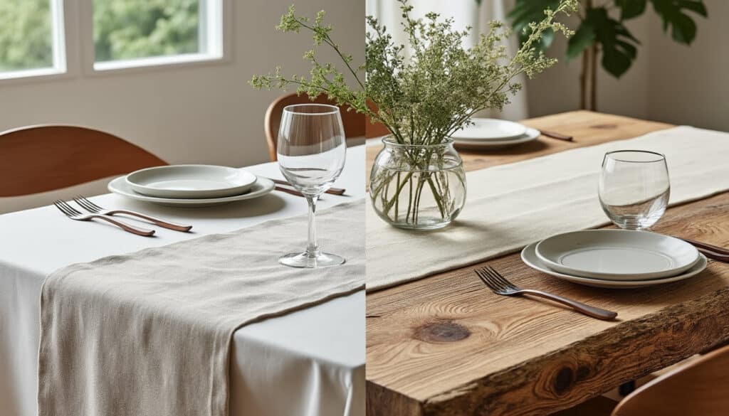 découvrez comment le support — nappe ou bois brut — transforme le rendu de votre chemin de table et nos conseils pour bien l’harmoniser.